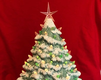 Green Glazed Ceramic Christmas Tree with white and green bulbs light pack with base