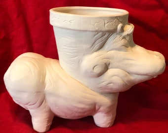 Ceramic Hippo Waddle Pot in bisque ready to paint