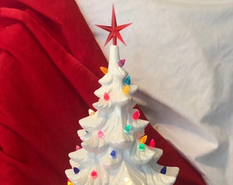 Star-Topped Tree - Handcrafted Ornamented Xmas Tree - Festive Holiday Decor - Ceramic Christmas Tree with Multicolored bulbs & Plastic Star