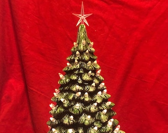 Star-Topped Xmas Tree - Handcrafted Ornamented Xmas tree - Xmas Mantle Tree - Ceramic Christmas Tree and Base - Indoor Xmas Tree - Xmas Gift