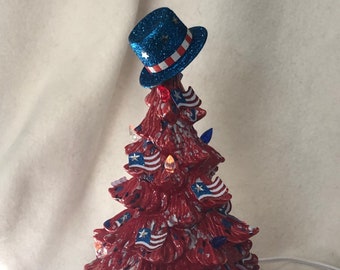 Independence Day Ornamented Ceramic Tree - Holiday Home Decor - Handcrafted 4th July Ceramic Tree - Unique Holiday Gift - Quality Ceramics