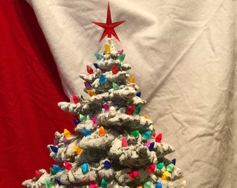 Snow -Topped Christmas Tree with Multicolor Bulbs and Star on Base -  Mother of Pearl & Glazed Aluminum by jmdceramicsart