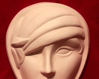 Vintage Ceramic Mask with fashion head wrap wall hanging in bisque ready to paint by jmdceramicsart