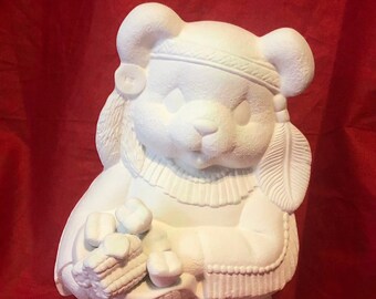 Clay Magic Ceramic Native American Girl Bear with corn and rolls  in bisque ready to paint