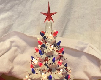 Star Topped Tree - Handcrafted Ornamented Memorial Day Celebration Tree and Base - Festive Holiday Decor - Ceramic Ornament Tree - Gift Tree