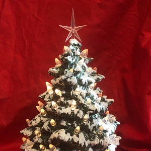 Glazed Ceramic Small Frazier Fir Ornament Christmas Tree with Base, clear bulbs and star with snow and glitter