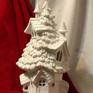 Handmade Ceramic Spruce Lodge diy Ready to Paint Bisque Christmas Tree and Base with holes for lights by jmdceramicsart