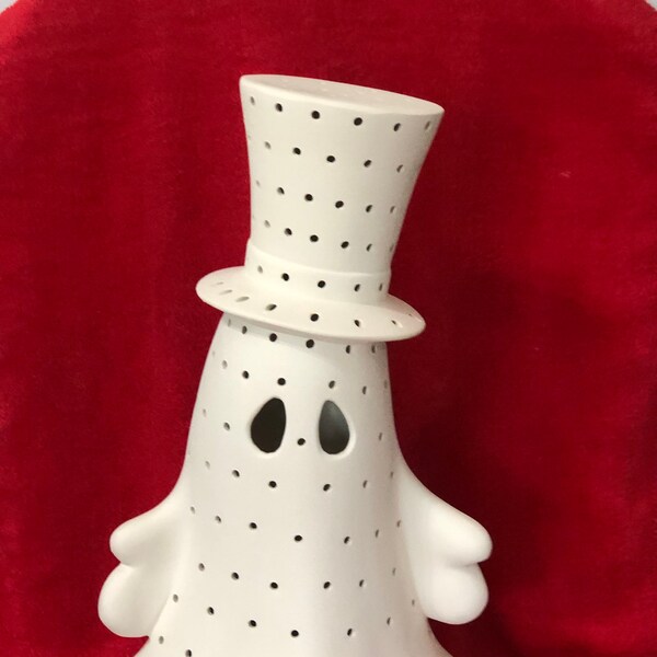 Gran fantasma de cerámica con sombrero de copa con agujeros para luces en bisque listo para pintar