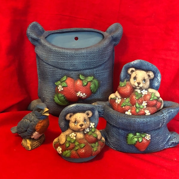 Ceramic 5 piece Burlap containers with Strawberries and bear tops with bird by jmdceramicsart