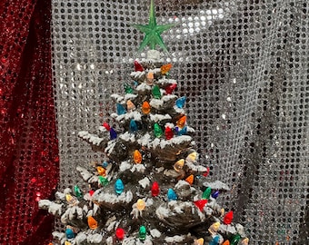 Snow-Topped Christmas Tree with Multicolor Bulbs and Star on Base -  Heavy Metal Gray Ceramic Xmas Tree - Handcrafted Xmas Tree - Xmas Decor