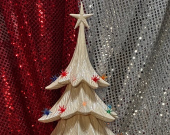 Handcrafted Retro Ceramic Ornamented Xmas Tree and Base with Multicolored Sputnik Bulbs - Festive Xmas Decor - Star Topped Christmas Tree