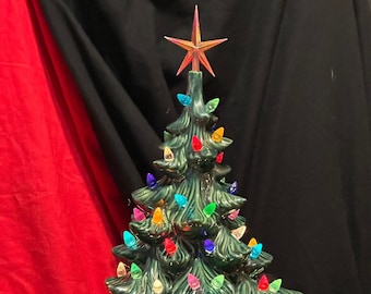 Star-Topped Christmas Tree with Multicolor Bulbs & Plastic Star - Handcrafted Ornamented Xmas tree - Festive Holiday Decor - Xmas Tree Art