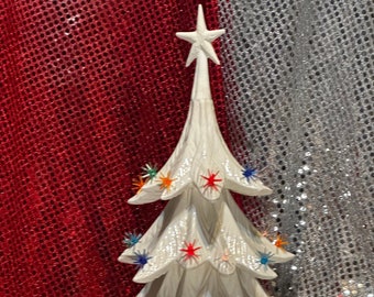 Star-Topped Christmas Tree with Multicolor Bulbs and Base - Handcrafted Ornamented Xmas tree - Festive Holiday Decor - Xmas Tree Sculpture