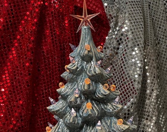 Handcrafted Ornamented Christmas Tree and Base - Xmas Tree Sculpture - Christmas Tree Heirloom Gift - Handmade Blue Oyster Pearl Xmas Tree