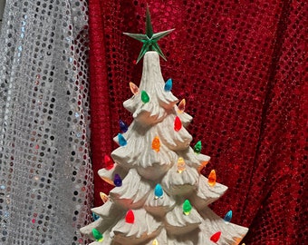 Handcrafted Ornamented Xmas tree - Festive Holiday Decor - Ceramic Christmas Tree and Base with Multicolor Bulbs & Star - Festive Xmas Decor