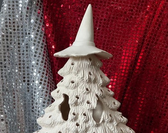 Handmade Halloween Ceramic Mantle tree with face cutouts base and witch hat in bisque ready to paint by jmdceramicsart