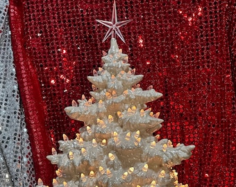 Handcrafted Ornamented Xmas Tree - Pearl White Fir Christmas Tree and Base with Clear Bulbs & Star - Festive Holida Decor - Xmas Tree Gift