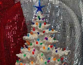 Pearl White Glazed Christmas Tree with Multicolor Bulbs & Plastic Star - Handcrafted Ornamented Xmas Trees - Festive Holiday Decor - Xmas