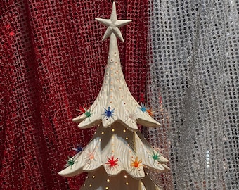 Rare Atlantic Molds Glazed 5 piece Skirt Tree with custom holes, base and star with Sputnik bulbs by jmdceramicsart