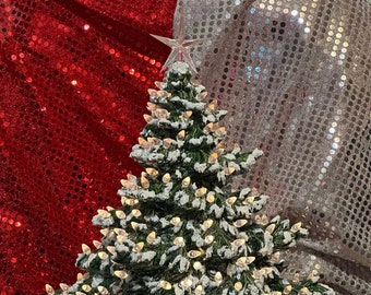 Glazed Frazier Fir with snow, glitter, extra small clear bulbs, star and base by jmdceramicsart