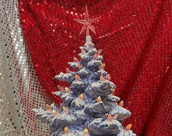 Snow-Topped Christmas Tree with Clear Bulbs and Star on Base - Sapphire Ceramic Tree - Ornamented Xmas Tree - Xmas Tree Decor - Unique Gift