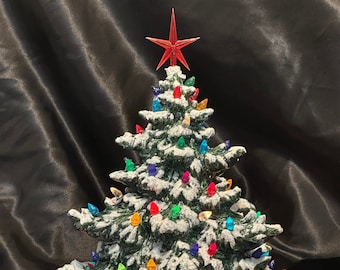 Snow-Dusted Christmas Tree with Multicolor Bulbs & Plastic Star - Handcrafted Ornamented Xmas tree - Festive Holiday Decor - Green Glazed