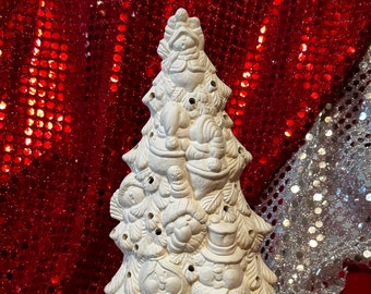 Snowman Christmas Tree with holes for light and base in ceramic bisque ready to paint