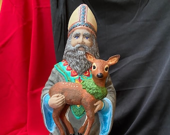 Custom painted Ceramic Holland Santa holding baby deer by jmdceramicsart