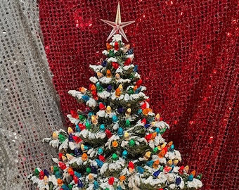 Snow-Dusted Xmas Tree - Handcrafted Ornamented Christmas Tree & Base with Multicolor Bulbs and Plastic Star - Handmade Ceramic Xmas Tree Art