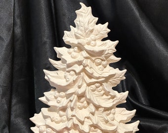 Small Nowells Molds Ceramic Holly Mantle Ornament Christmas Tree & Base without holes for lights in bisque ready to paint by jmdceramicsart