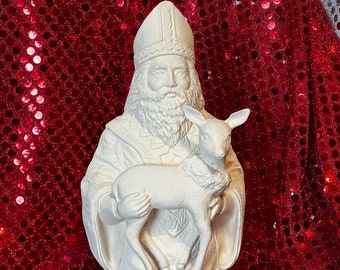 Kimple Molds Ceramic Holland Santa holding baby deer in bisque ready to paint by jmdceramicsart