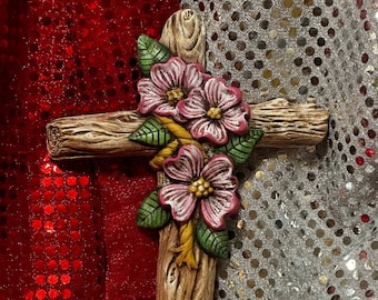 Antiqued and dry brushed Ceramic Dogwood Cross by jmdceramicsart