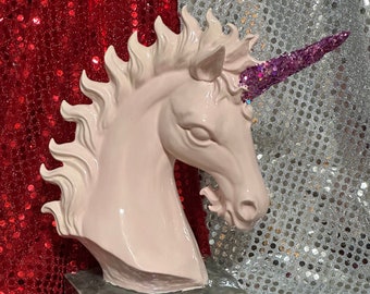 Custom glazed pink Unicorn Bust by jmdceramicsart