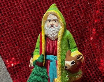 Handcrafted Collectible Art - Ceramic Santa with Deer - Festive Holiday Decor - Hand Painted Xmas Gift - Custom Santa Figurine - Xmas Gifts