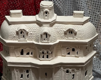 DIY Ceramic Bisque Haunted House with Holes for Light - DIY Halloween Decor - DIY Haunted House Sculpture - Halloween Figurine - Home Garden