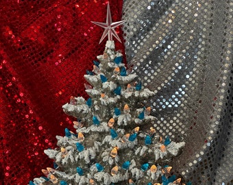 Star-Topped Christmas Tree with Aqua and Clear Bulbs & Star on Base - Aluminum Fir Tree - Handmade Ornamented Xmas Tree - Christmas Tree Art