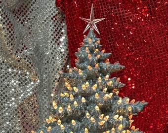 Star-Topped Tree - Handcrafted Ornamented Xmas Tree and Base - Aluminum Tree - Sky-Blue Frazier Fir - Christmas Trees - Xmas Tree Sculpture