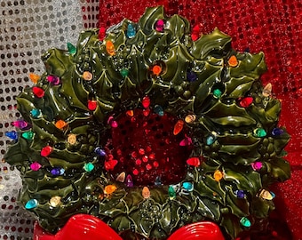 Christmas Wreath with Multicolor Bulbs - Handcrafted Ornamented Xmas Wreath - Festive Holiday Decor by jmdceramicsart