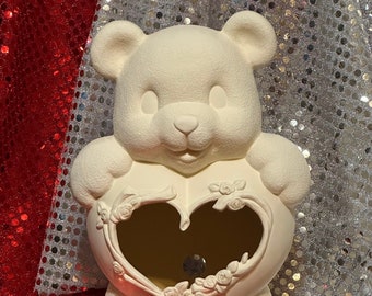 Clay Magic's Ceramic Heart Belly Bear with cut outs for light in bisque ready to paint by jmdceramicsart