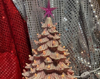 Handcrafted Ornamented Xmas Tree and Base - Festive Xmas Decor - Star-Topped Christmas Tree - Pink Striped Easter Celebration Tree - Easter