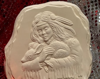 Kinzie Molds Indian holding Fawn in bisque ready to paint by jmdceramicsart