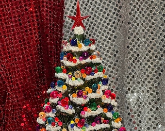 Snow-Capped Christmas Tree with Multicolor Globes & Plastic Star - Handcrafted Ornamented Xmas tree - Unique Christmas Tree Gift - Heirlooms