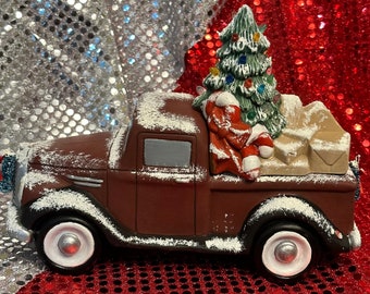 Old Time Jalopy with Christmas Tree Lid, multicolor bulbs, red star and light kit by jmdceramicsart