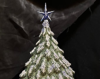 Frozen Evergreen Fir Ceramic Ornament Christmas Tree with snow, blue star and glitter (does not light up) by jmdceramicsart