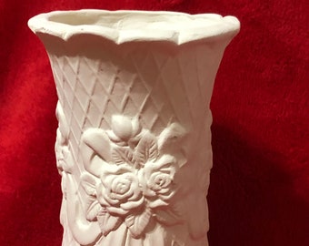 Rare Vintage Rose and Ribbon Vase in ceramic bisque ready to paint