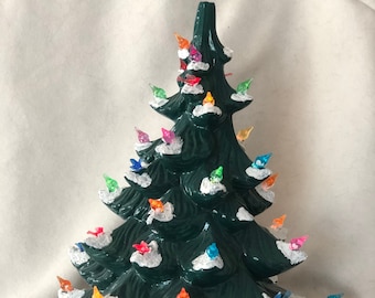 Green Glazed Christmas Tree with multi color lights with red and blue birds and star