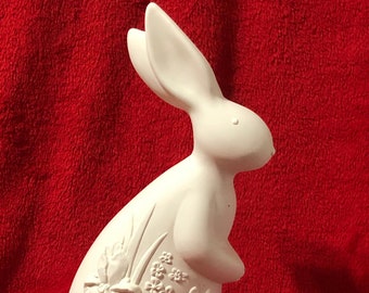 Sitting Rabbit with Irises Scene in ceramic bisque ready to paint