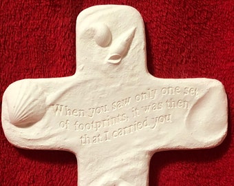Footprints Cross in ceramic bisque ready to paint