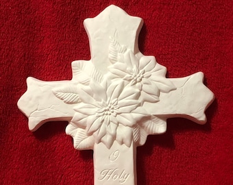 Poinsettia Cross in ceramic bisque ready to paint