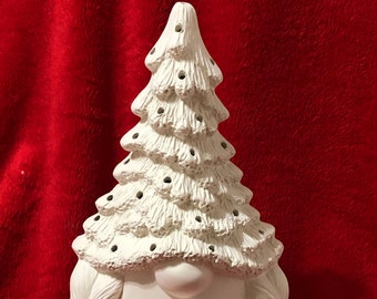 Ceramic Female Gnome Christmas Tree Pigtails with holes for lights in bisque ready to paint